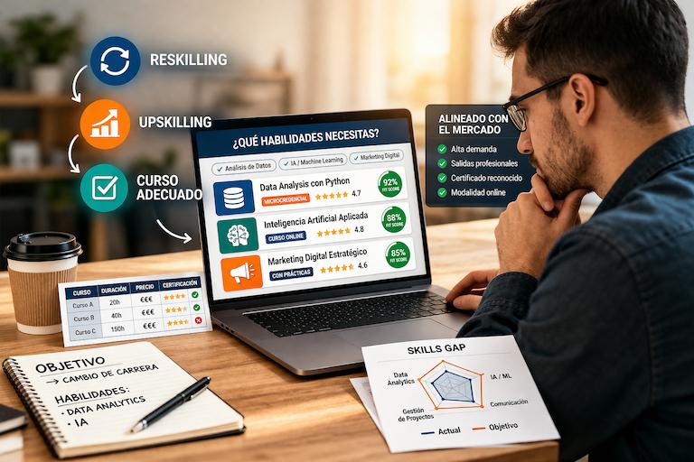 Cómo elegir formación realmente útil en un entorno de reskilling constante En los últimos años, el mercado laboral ha cambiado a un ritmo vertiginoso. La digitalización, la automatización y la inteligencia artificial están transformando profesiones enteras, haciendo que el reskilling (recapacitación para nuevos roles) y el upskilling (mejora de habilidades en el puesto actual) sean esenciales para no quedarse atrás. El problema no es la falta de cursos, sino el exceso: plataformas online, másteres, bootcamps y microcredenciales saturan el mercado. Sin una estrategia clara, muchos acumulan certificados sin impacto real en su carrera. La clave está en pasar de "buscar cursos" a "decidir con criterio". Identifica tus habilidades clave antes de invertir tiempo Antes de matricularte en cualquier programa, haz un diagnóstico honesto. Pregúntate: ¿qué competencias me faltan para mi próximo objetivo profesional? ¿Estoy al día con herramientas digitales o liderazgo? Para empezar bien, es fundamental identificar qué habilidades necesitas mejorar. Este paso evita errores como elegir por moda (ej. IA sin base en tu sector) y enfoca tu esfuerzo en brechas reales, como competencias digitales o soft skills demandadas por empresas. Analiza tu experiencia actual, feedback de jefes y tendencias sectoriales. Herramientas gratuitas como tests de LinkedIn o informes de empleabilidad (de World Economic Forum) te dan pistas claras. Analiza tu perfil para evitar decisiones impulsivas Uno de los mayores fallos es saltar directamente a un curso sin autoevaluarte. Sin este filtro, terminas con formación genérica que no suma a tu CV. Por eso, muchos profesionales priorizan analizar tu perfil profesional antes de elegir un curso. Plataformas inteligentes escanean tu historial laboral, detectan skills gaps y sugieren rutas personalizadas. Esto multiplica tu empleabilidad: un marketer que descubre su debilidad en datos, por ejemplo, opta por analytics en vez de un máster amplio. Este enfoque basado en datos pasa de la intuición a la estrategia, alineando tu aprendizaje con ofertas reales de empleo. Apuesta por programas alineados con el mercado laboral No toda formación vale igual. La útil es la que responde a demandas concretas: digitalización, sostenibilidad o gestión remota. Explora programas de formación para mejorar habilidades profesionales, como los bonificados por FUNDAE en España. Estos suelen ser prácticos, con certificación oficial y enfocados en sectores en auge (IT, ventas digitales, ciberseguridad). Ventajas: subvencionados para empresas, flexibles (online/presencial) y con orientación laboral. Reskilling vs Upskilling Reskilling Upskilling Objetivo Nuevos roles (ej. de admin a programador) Mejorar rol actual (ej. marketer aprende SEO avanzado) Duración típica 3-12 meses 1-6 meses Impacto en carrera Cambio radical Promoción interna Ejemplo práctico Bootcamp coding Curso de datos para analistas Estrategia práctica: pasos para elegir bien Diagnóstico (1 semana): Lista fortalezas/debilidades y metas (¿ascenso? ¿cambio sector?). Investiga demanda: Usa InfoJobs, Indeed o LinkedIn para ver skills top en tu área. Prioriza ROI: Elige cursos con >80% práctica, mentores y bolsa de empleo. Prueba antes: Microcursos gratuitos (Coursera, edX) validan interés. Mide progreso: Revisa en 3 meses si aplicas lo aprendido. En un mundo de cambio constante, la ventaja no es acumular títulos, sino evolucionar con propósito. Herramientas como Skillcoach o programas bonificados convierten el reskilling en una inversión rentable. ¿Listo para tu próximo paso? Empieza por analizarte hoy.